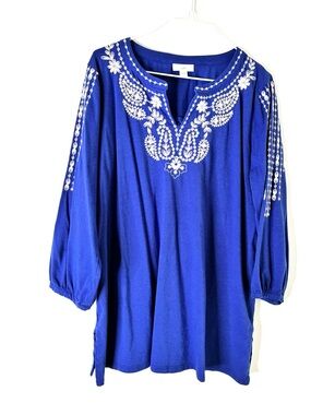 J. Jill Blue Embroidered Split V Neck Tunic Top Long Sleeve Cotton Tencel